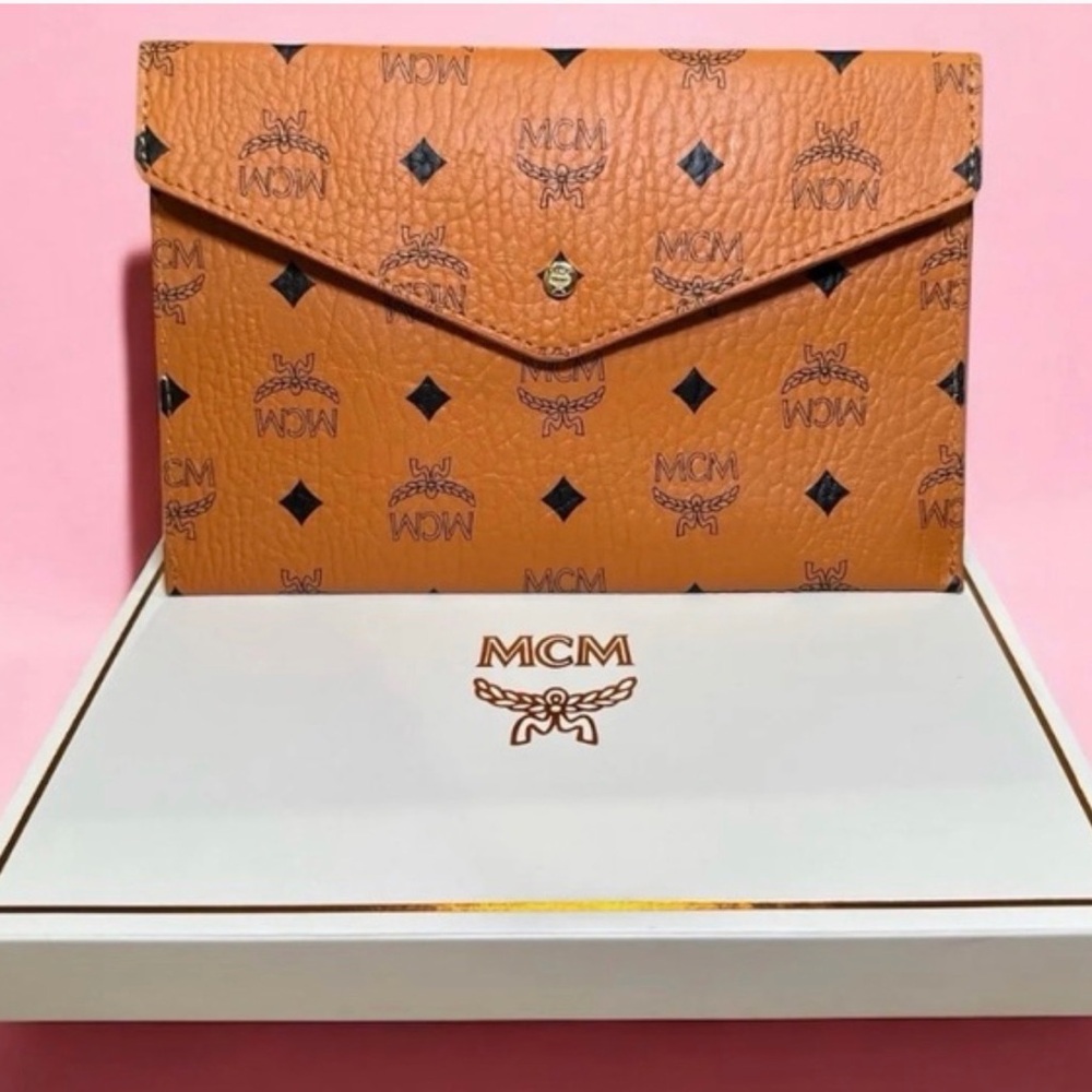 MCM Cognac Leather Logo Clutch